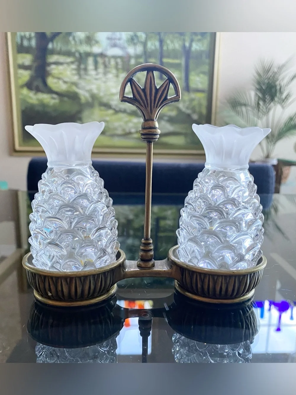Vtg LENOX Crystal Hospitality Pineapple Salt & Pepper Set Gold Tone Metal Caddy